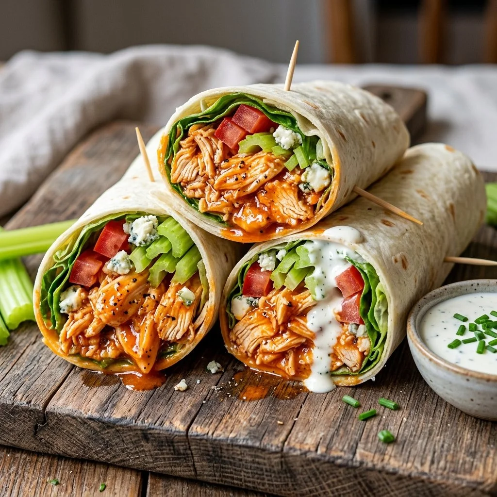Homemade Buffalo Chicken Wraps with spicy sauce and fresh vegetables