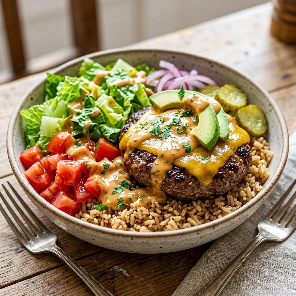 Colorful and appetizing Burger Bowls with fresh ingredients and toppings.