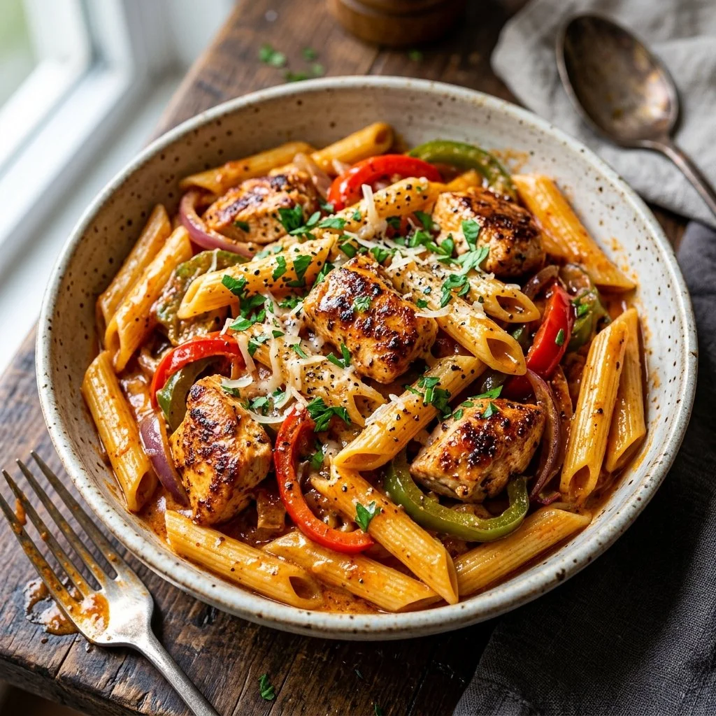 Delicious Cajun Chicken Pasta served in a bowl topped with herbs and spices