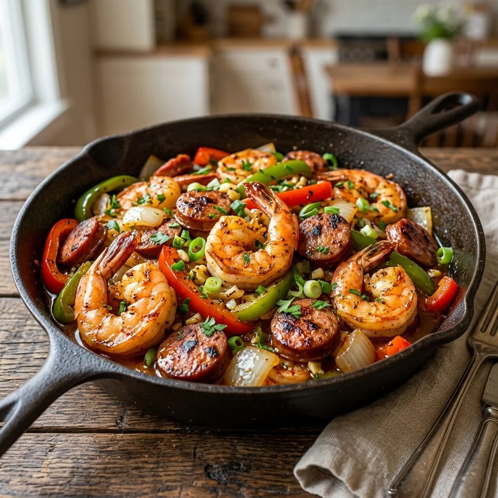 A mouth-watering dish of Cajun shrimp and sausage served in a vibrant sauce.
