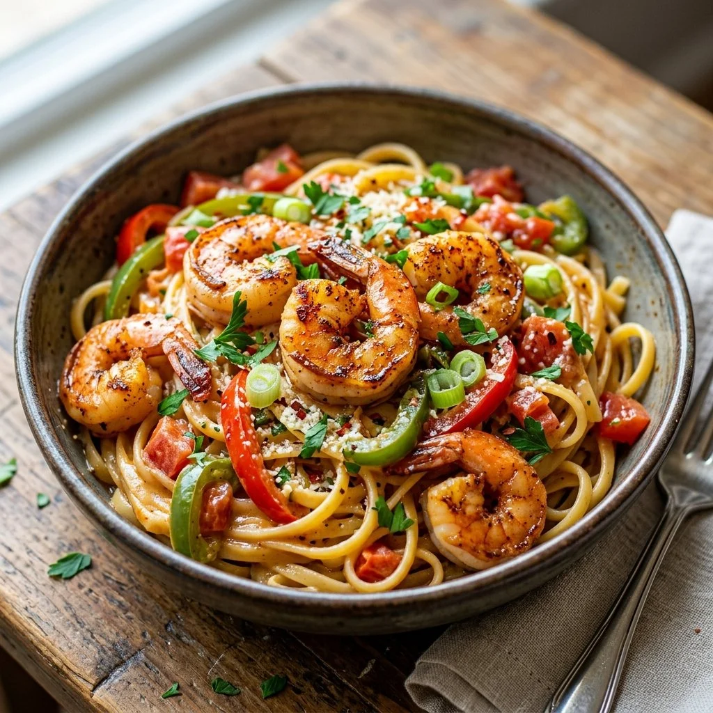 Cajun Shrimp Pasta served in a bowl with a garnish of herbs