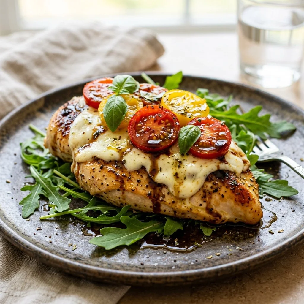 Delicious Caprese Chicken with fresh tomatoes, basil, and mozzarella
