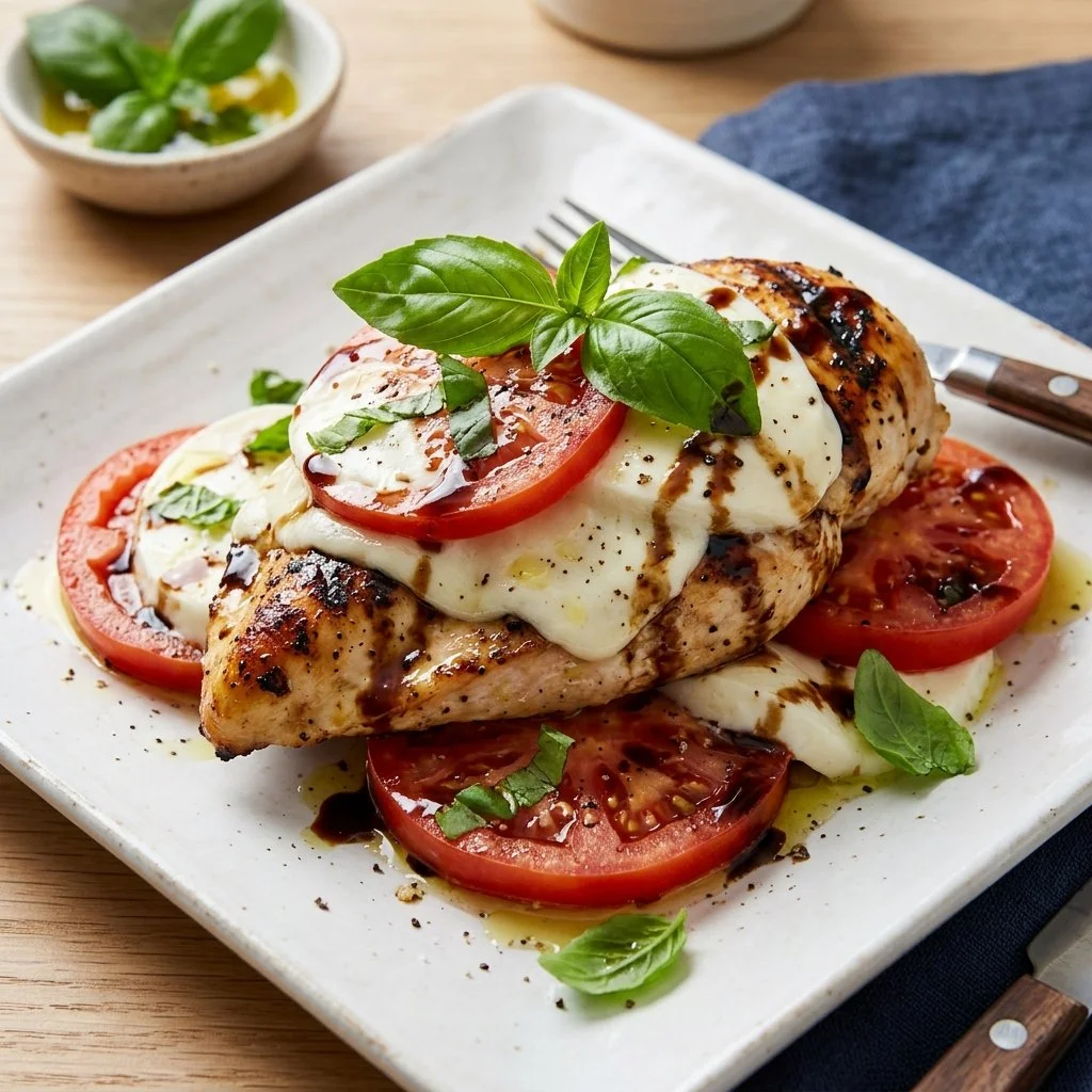 Plate of Caprese Chicken with tomatoes, mozzarella, and basil