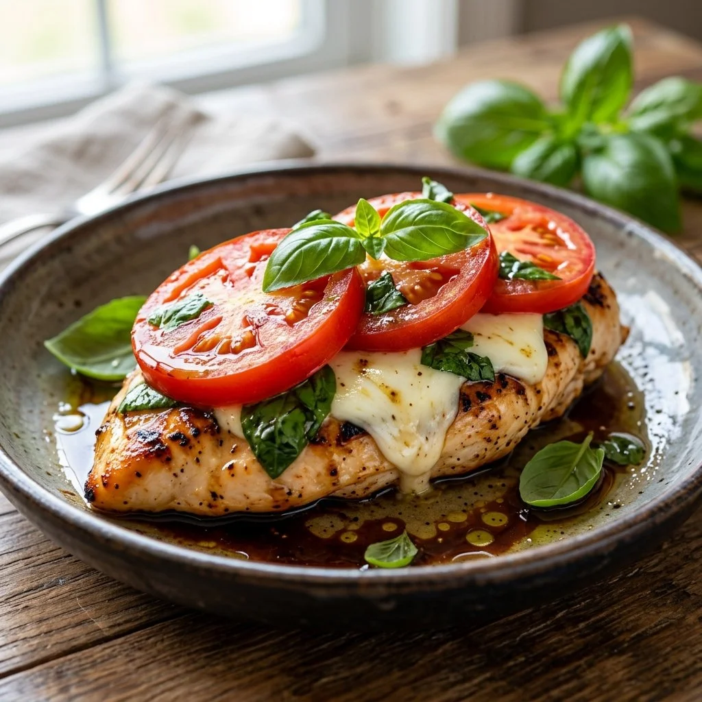 Delicious Caprese Chicken topped with fresh mozzarella and basil.