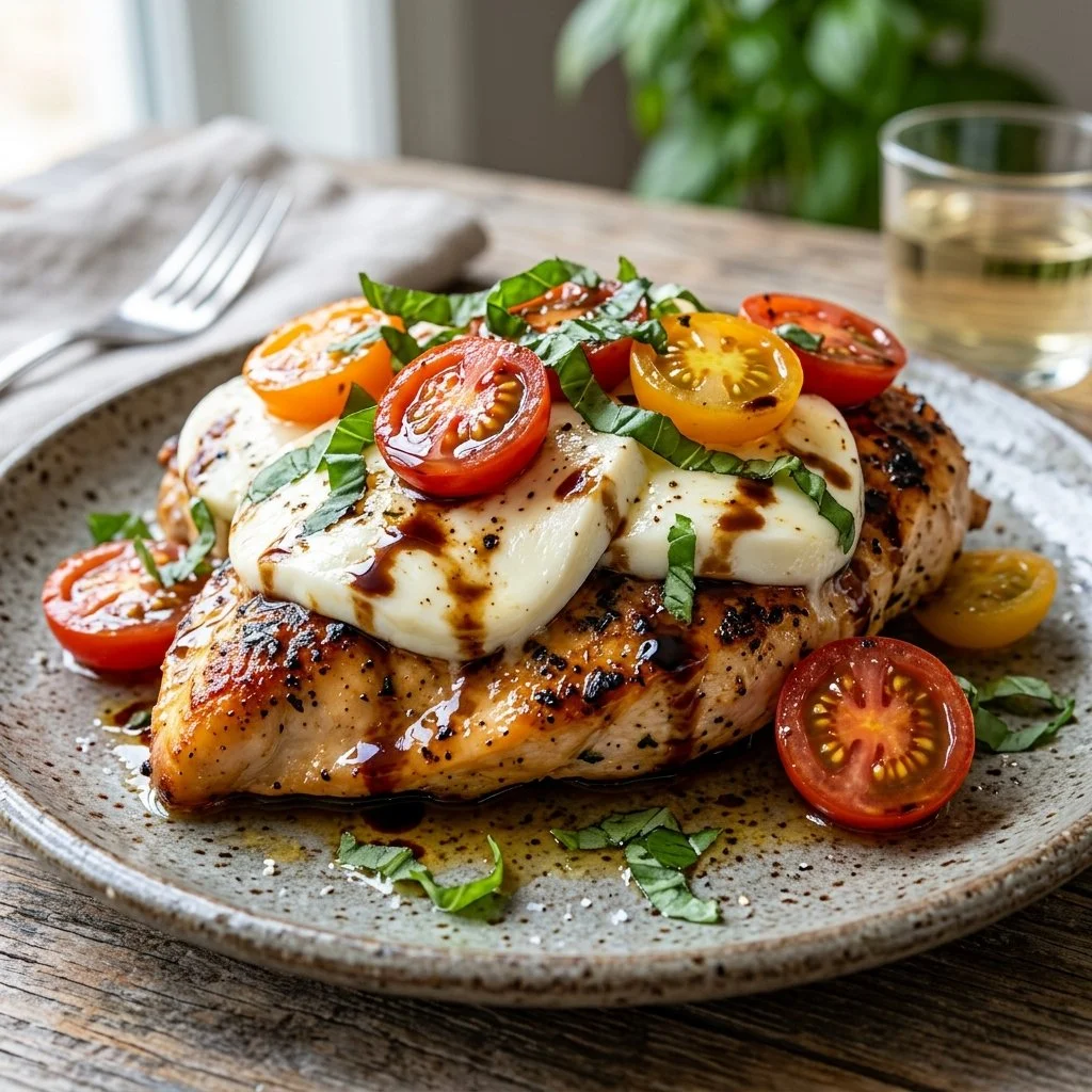 Plate of Caprese Chicken with mozzarella, tomatoes, and basil drizzle.