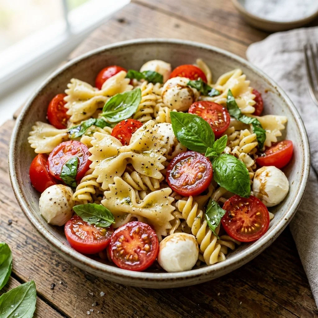 Delicious Caprese Pasta Salad with tomatoes, mozzarella, and basil.