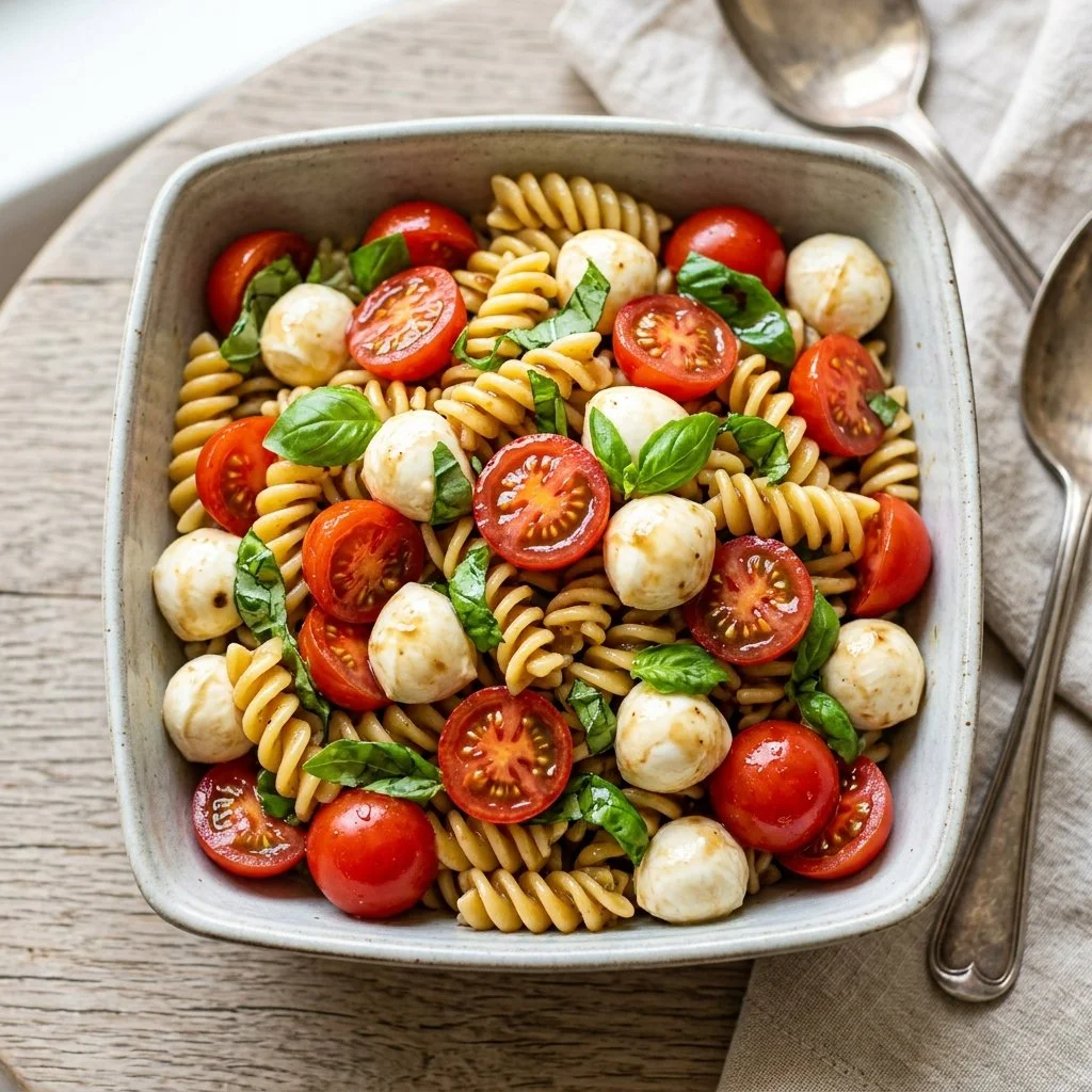 Delicious Caprese Pasta Salad with fresh tomatoes, mozzarella, and basil