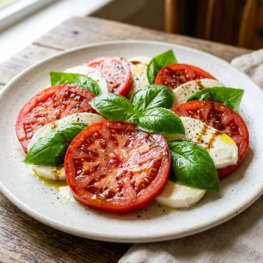 Fresh Caprese Salad with tomatoes, mozzarella, basil, and olive oil