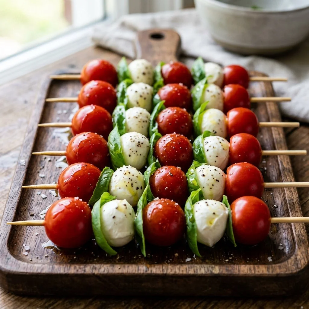 Fresh Caprese Skewers with mozzarella, basil, and cherry tomatoes on skewers