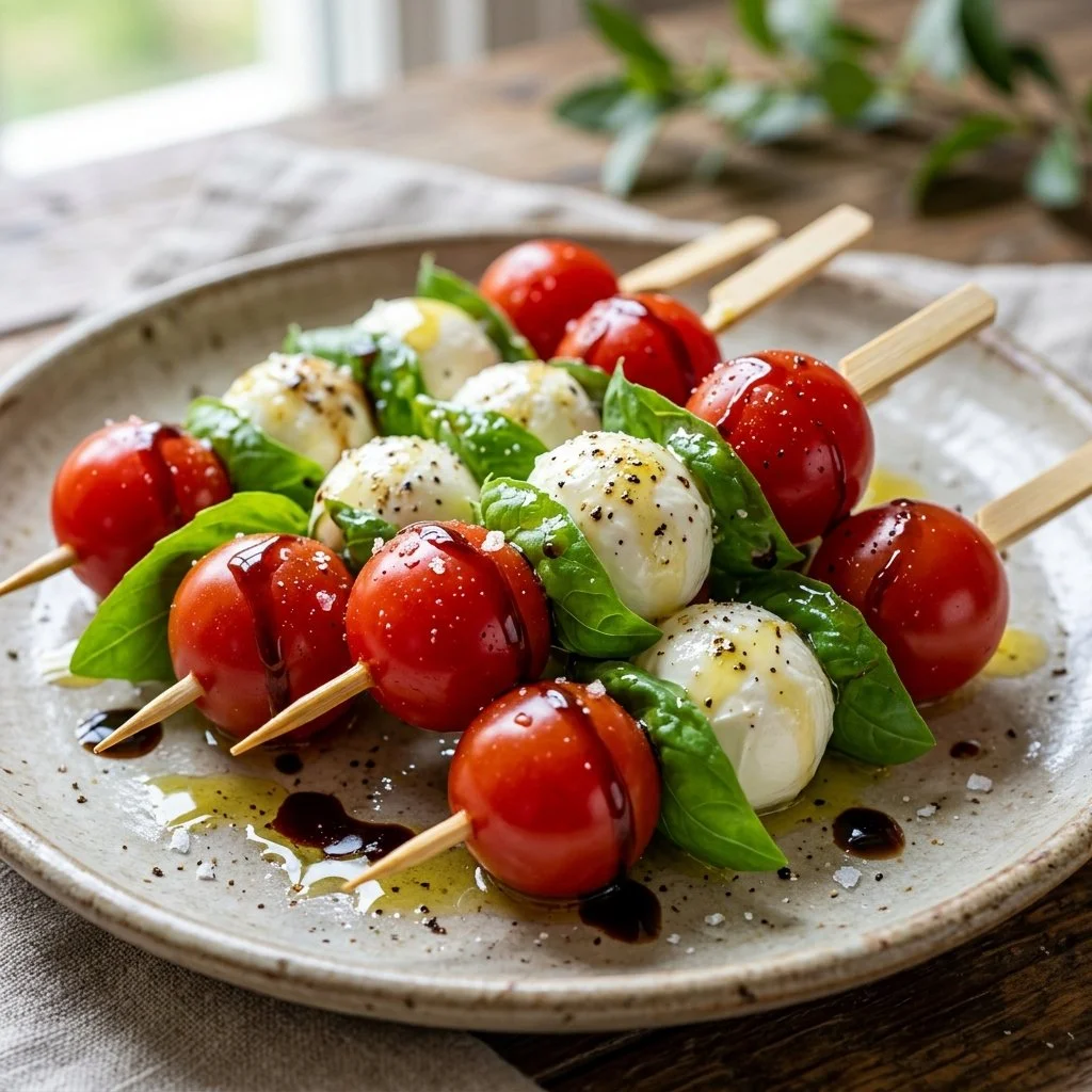 Delicious Caprese skewers with fresh tomatoes, mozzarella, and basil leaves.