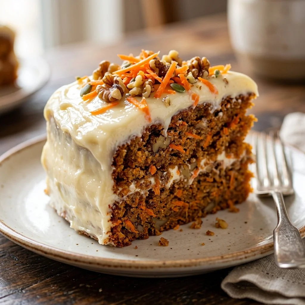 Moist and fluffy homemade carrot cake topped with cream cheese frosting