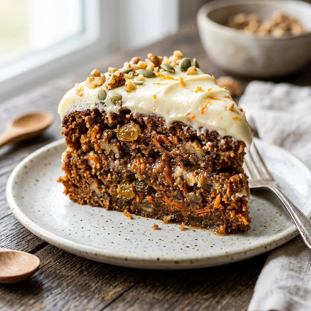 Delicious slice of homemade carrot cake with cream cheese frosting