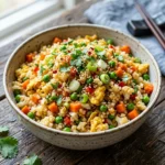 Bowl of cauliflower fried rice with vegetables and herbs