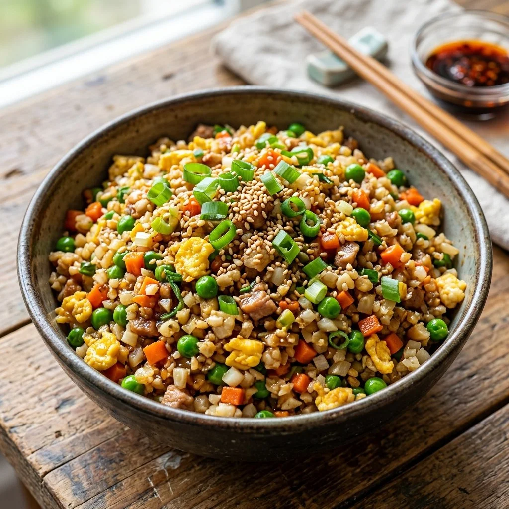Bowl of cauliflower fried rice with vegetables and herbs