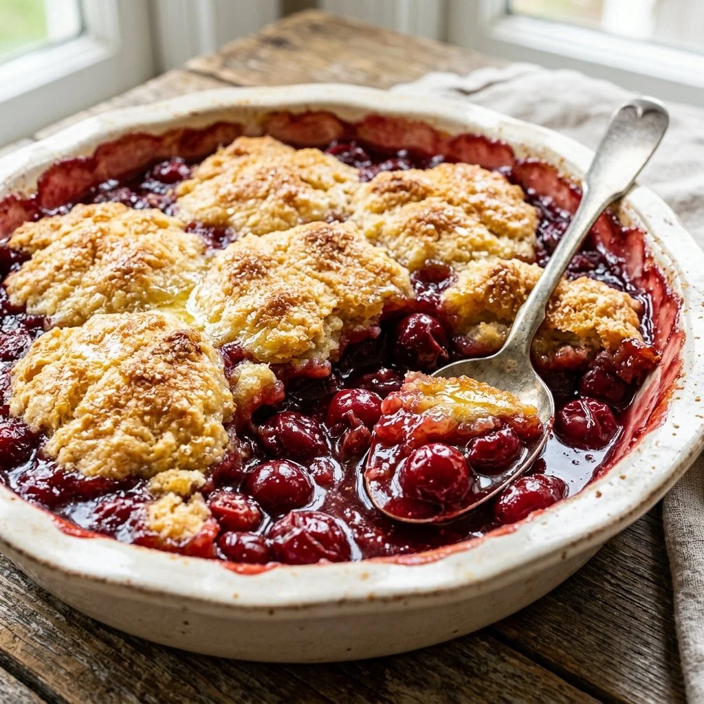 Delicious homemade Cherry Cobbler served in a rustic bowl with fresh cherries.
