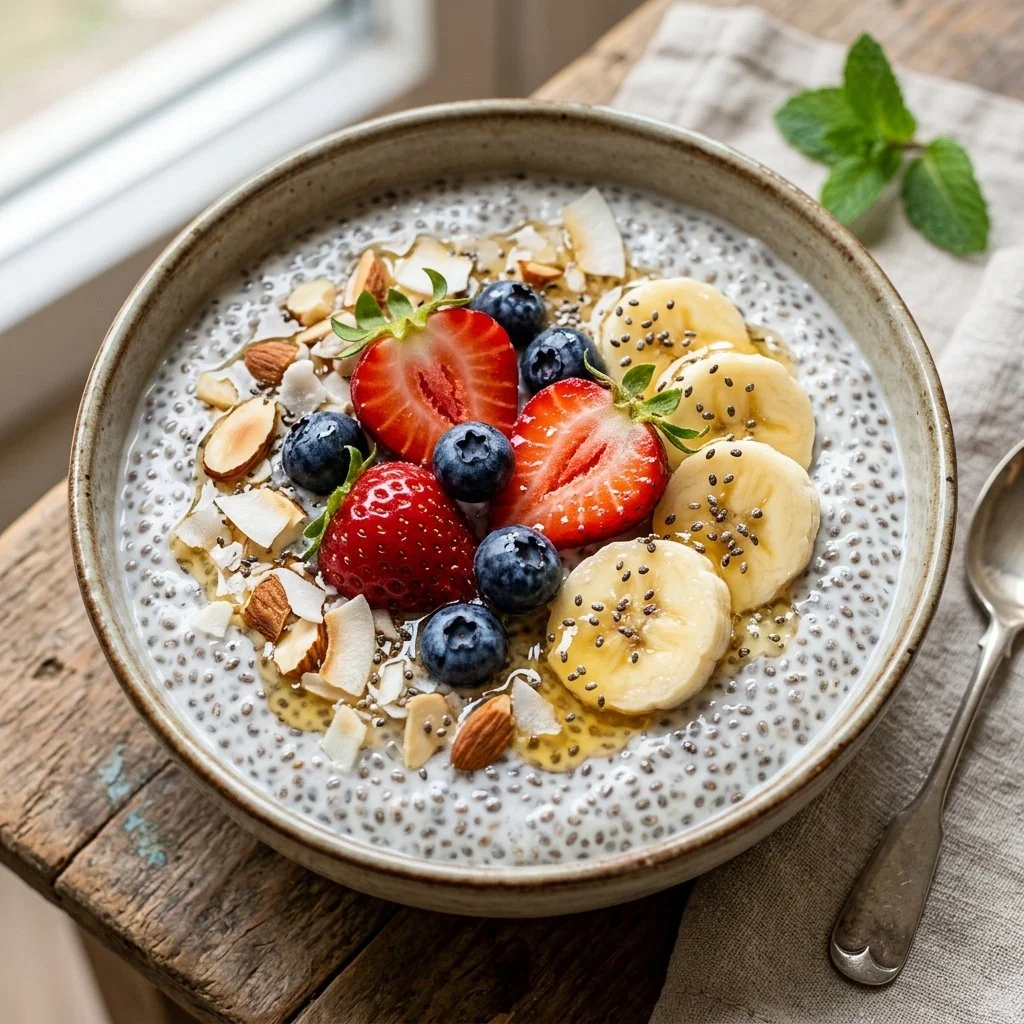 Delicious chia seed pudding topped with fresh fruits and nuts