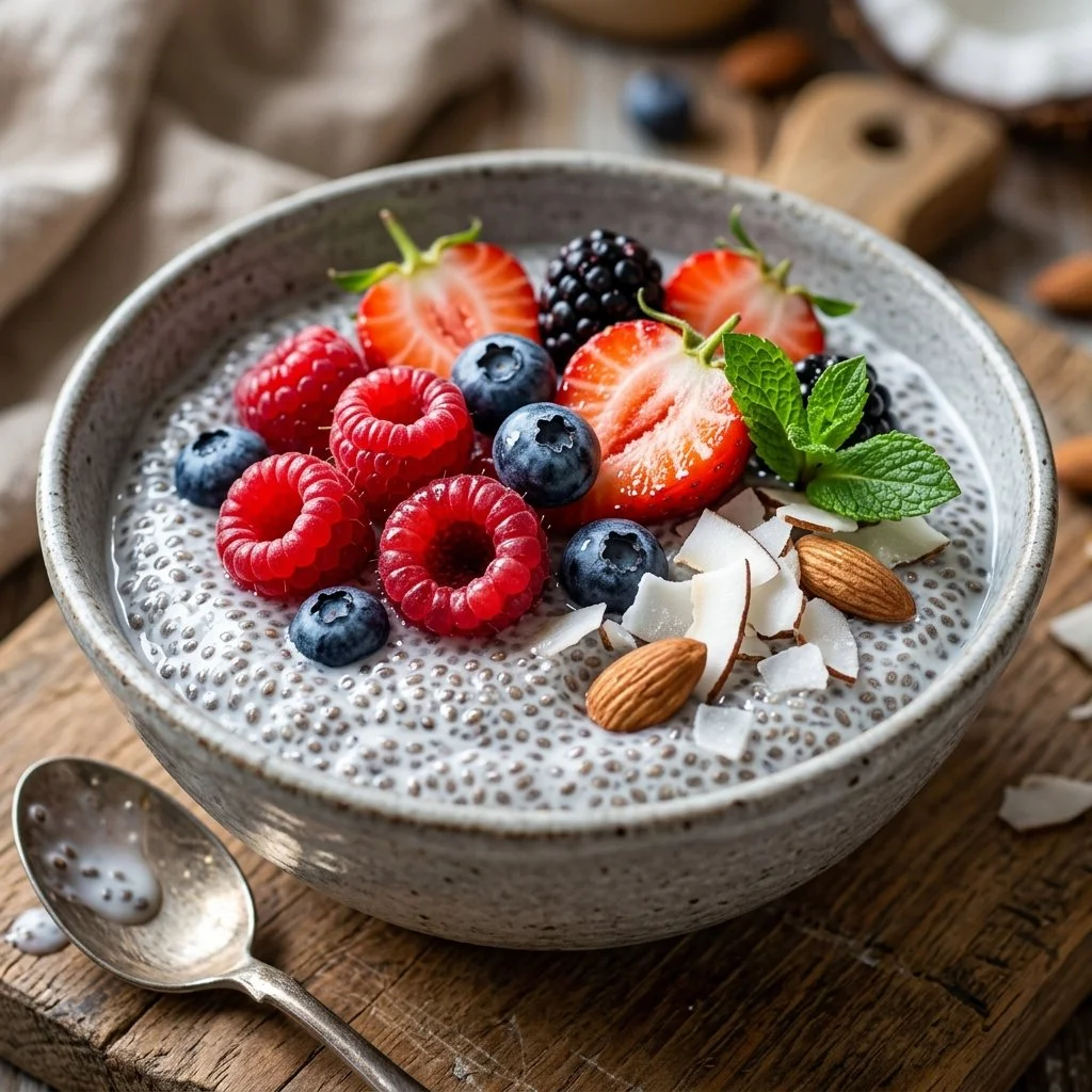 Bowl of delicious chia seed pudding topped with fresh fruits and nuts
