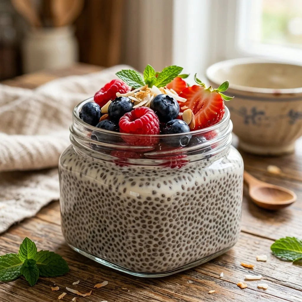 A bowl of creamy chia seed pudding topped with fruit and seeds.