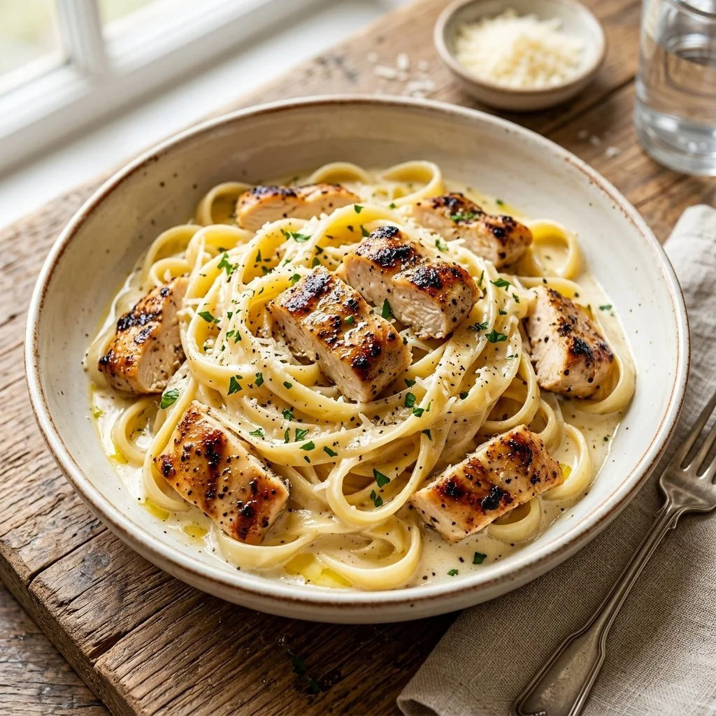 Delicious Chicken Alfredo pasta with creamy sauce and grilled chicken.