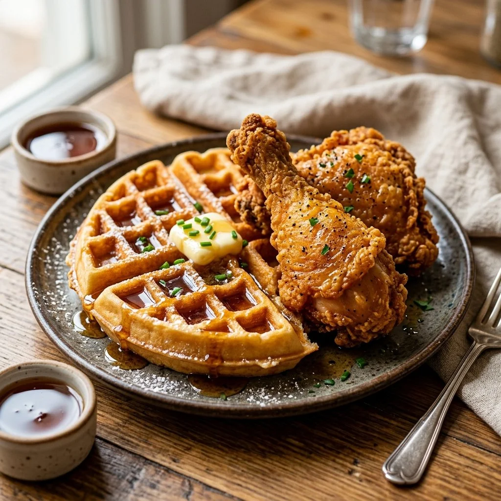 Delicious plate of Chicken and Waffles with syrup and garnish