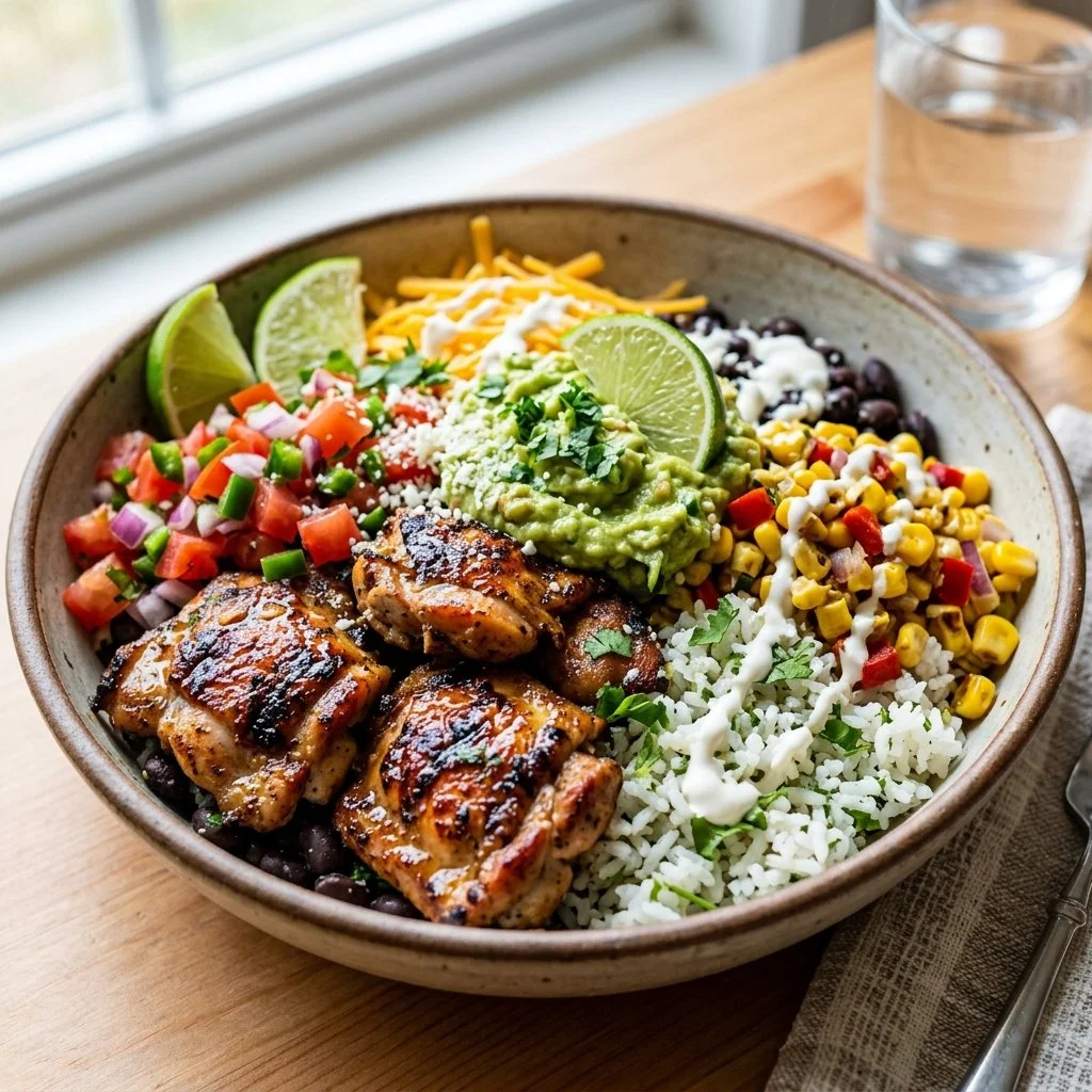 Delicious Chicken Burrito Bowls with colorful toppings and ingredients