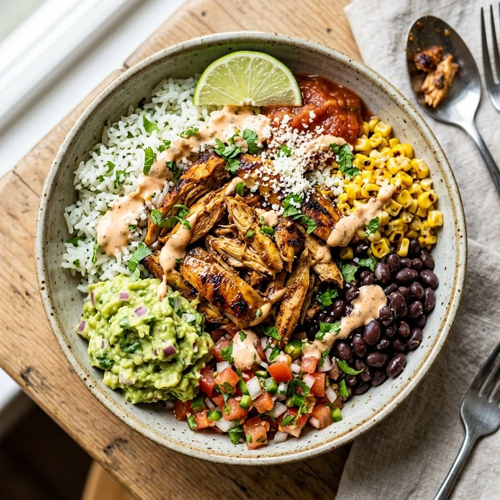 Delicious homemade Chicken Burrito Bowls with fresh ingredients.