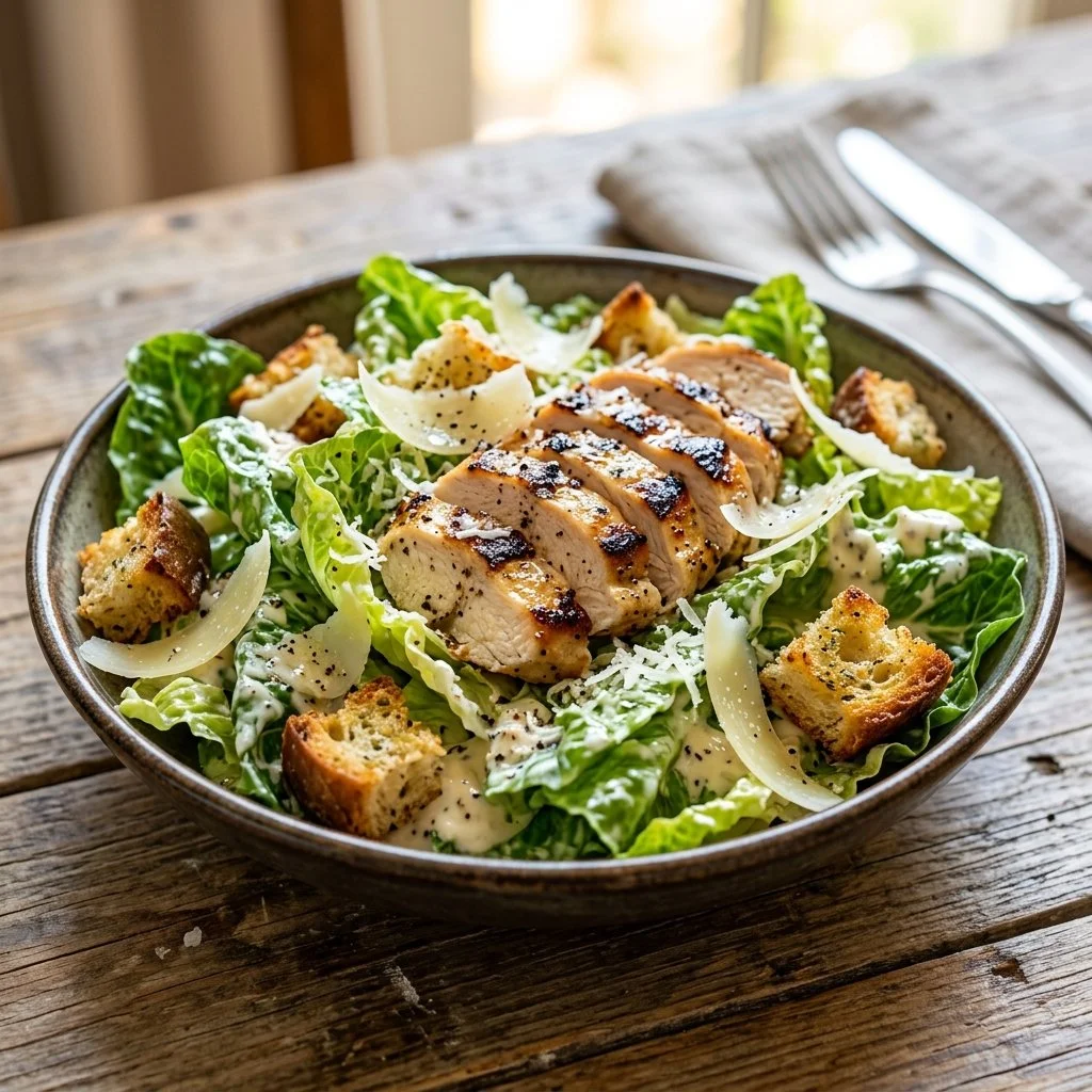 Delicious Chicken Caesar Salad with grilled chicken, romaine lettuce, and Caesar dressing.