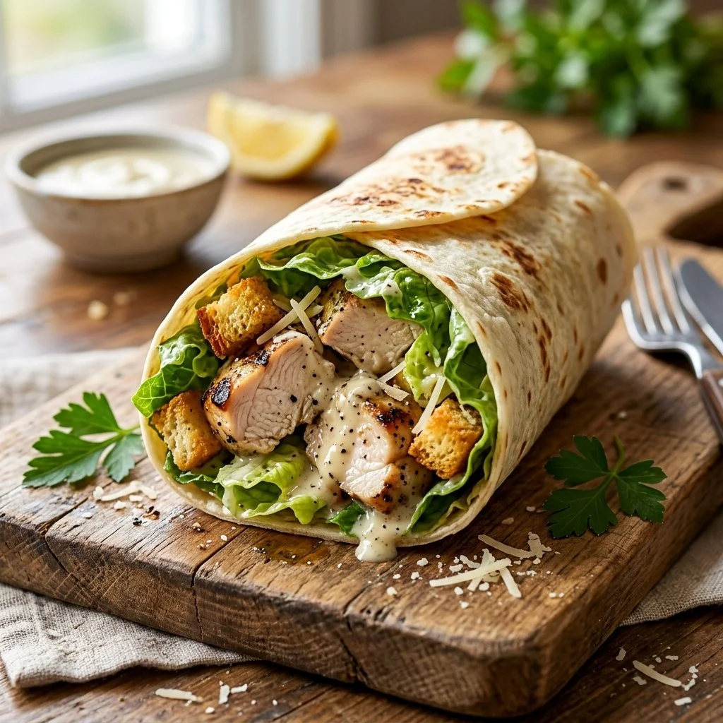 Chicken Caesar Salad Wrap with greens and grilled chicken in a tortilla