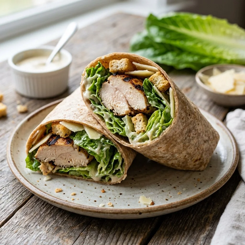 Chicken Caesar Salad Wraps with grilled chicken, romaine, and caesar dressing.