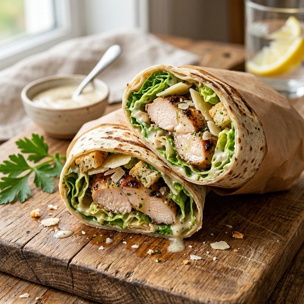 Delicious Chicken Caesar Wrap with chicken, greens, and Caesar dressing