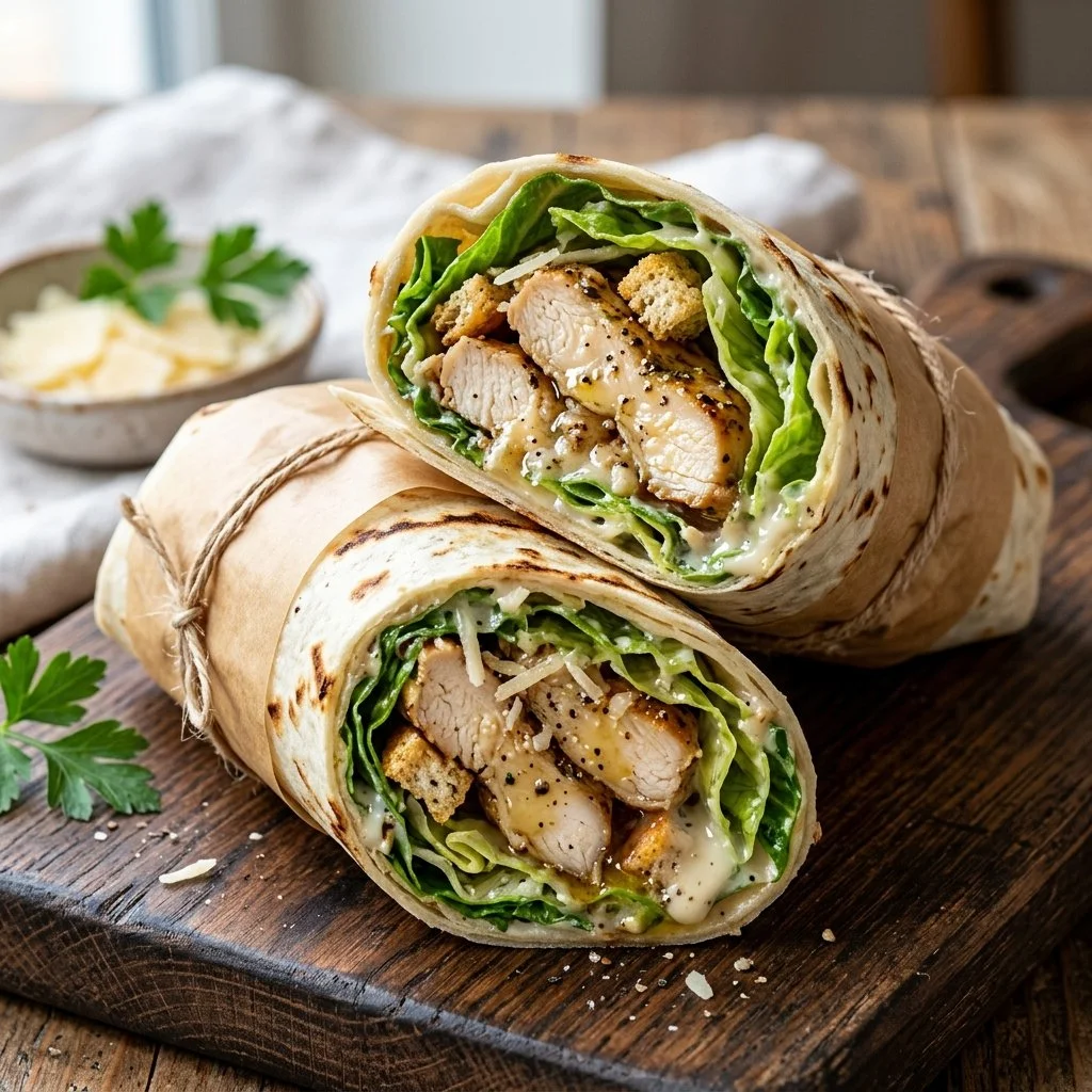 Delicious Chicken Caesar Wrap with tender chicken and fresh romaine lettuce