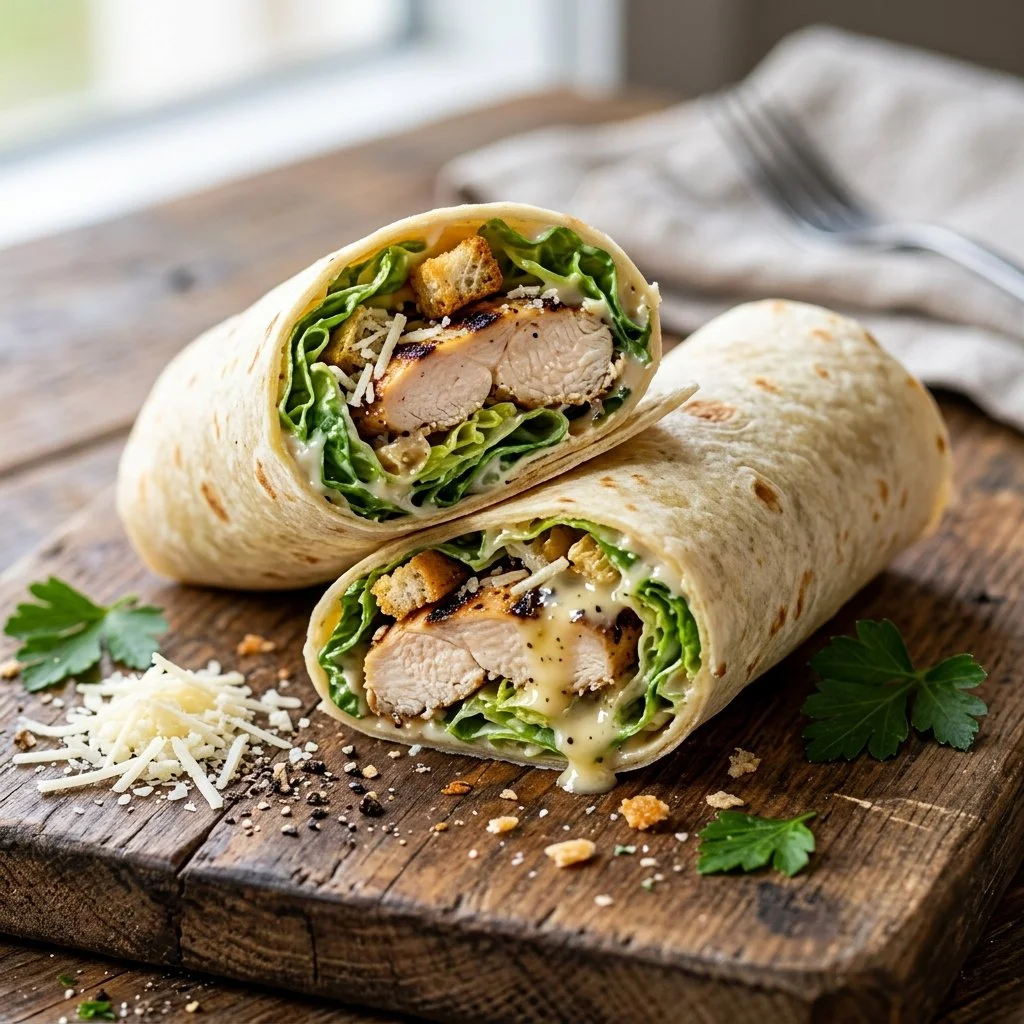 Delicious Chicken Caesar Wrap with grilled chicken, romaine lettuce, and Caesar dressing