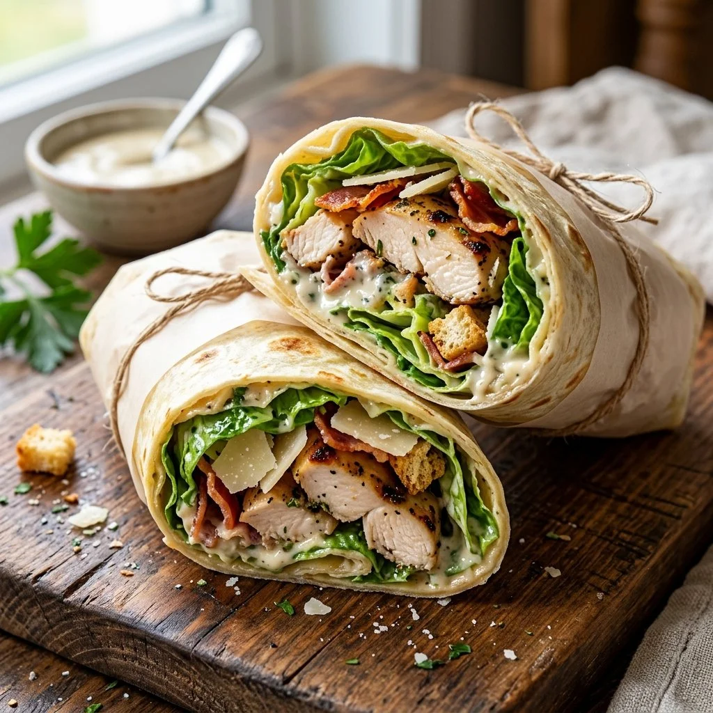 Delicious Chicken Caesar Wrap filled with grilled chicken, lettuce, and Caesar dressing