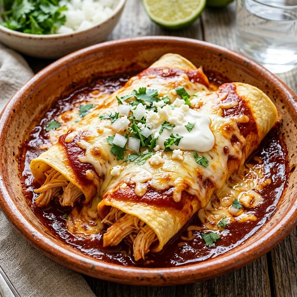 Delicious homemade Chicken Enchiladas topped with cheese and fresh cilantro
