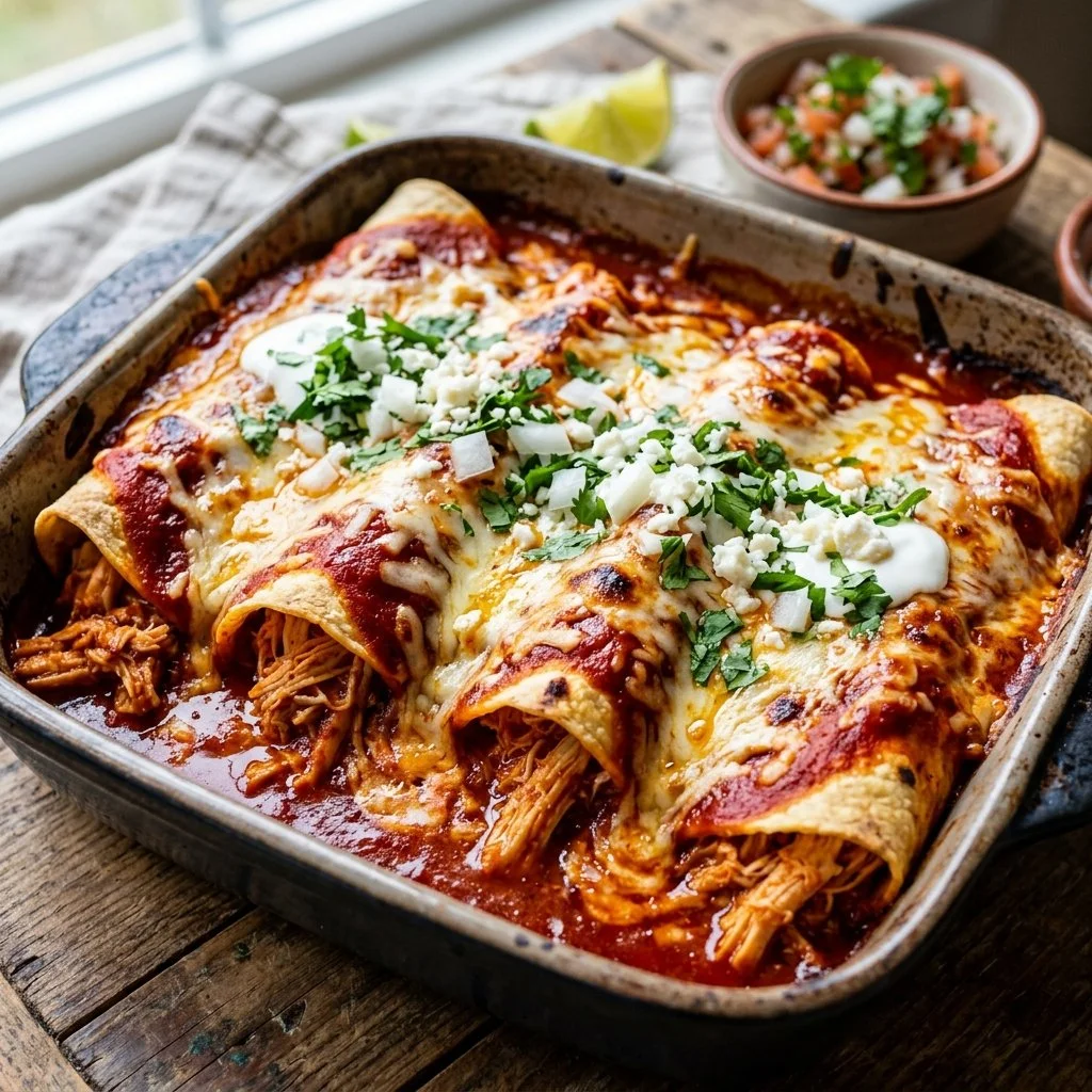 Delicious Chicken Enchiladas served with sauce and toppings.