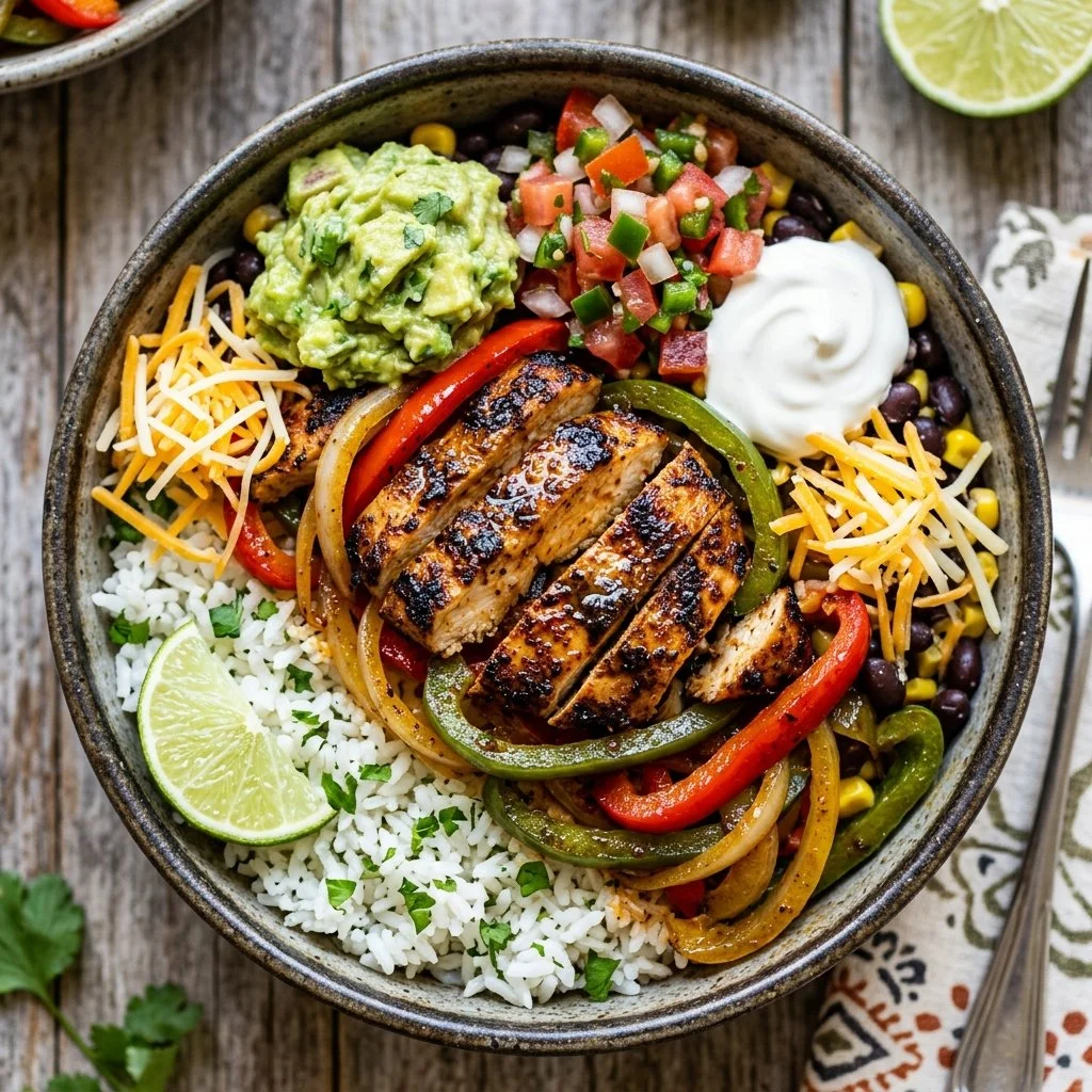 Healthy Chicken Fajita Bowl with colorful vegetables and spices