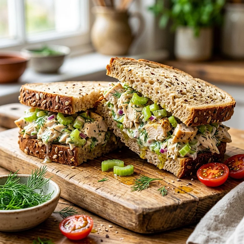 Delicious homemade chicken salad sandwich ready to be served