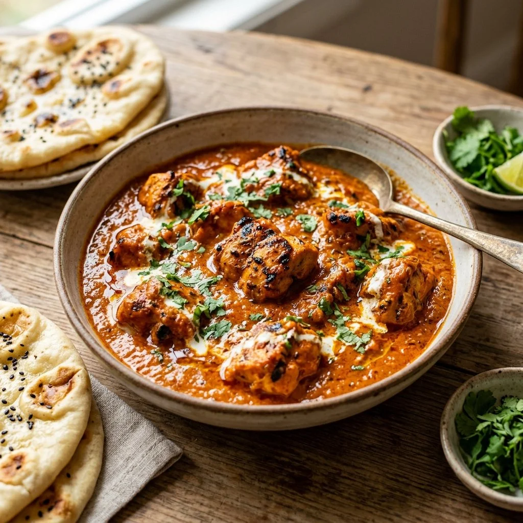 Delicious and creamy Chicken Tikka Masala served with rice and naan.