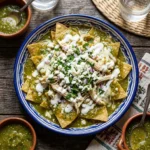 Plate of Chilaquiles Verdes garnished with avocado and cilantro