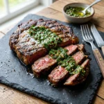 Chimichurri Grilled Steak garnished with fresh herbs on a grill plate