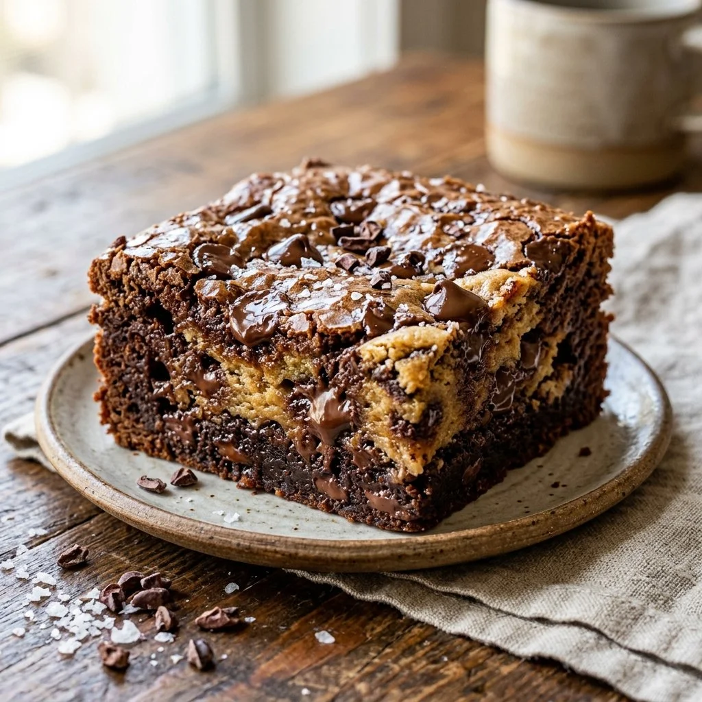 Delicious chocolate brookie bars stacked on a plate with a rich chocolate drizzle.