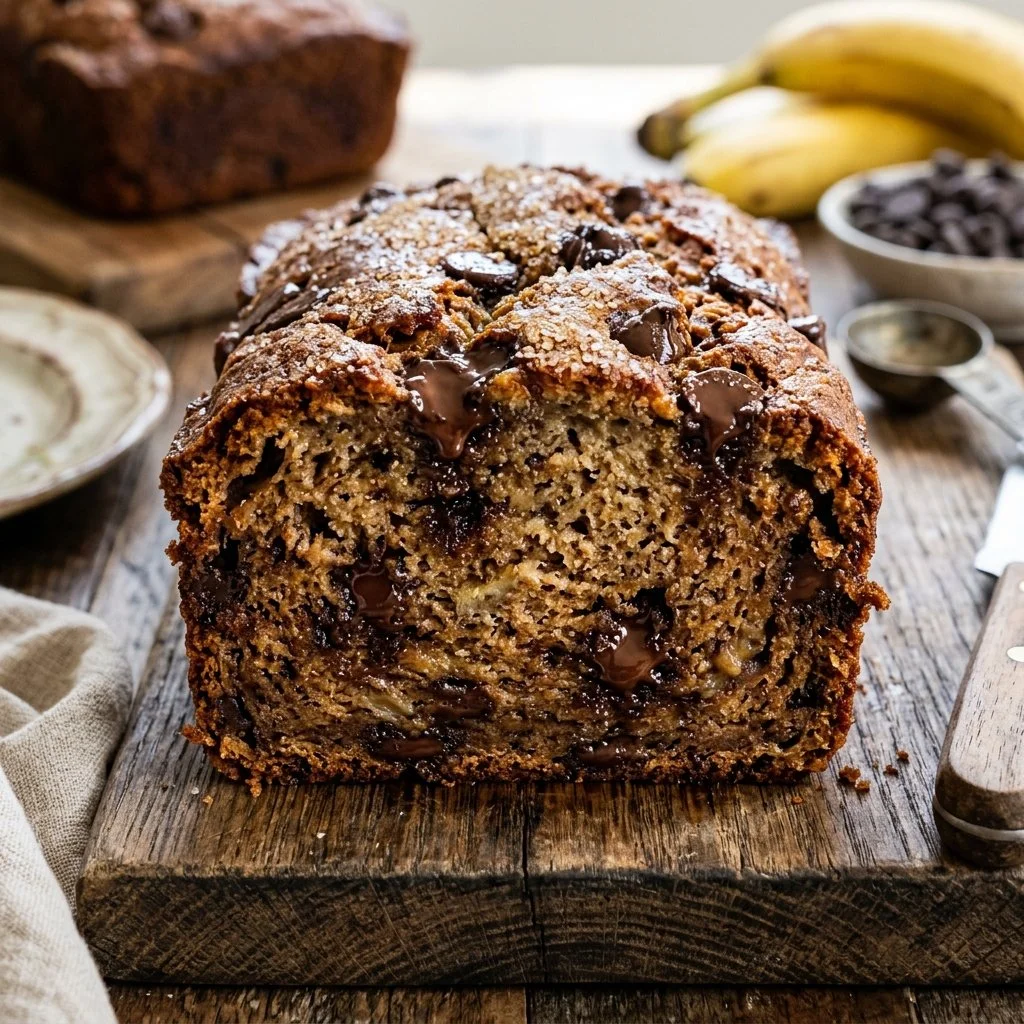 Loaf of chocolate chip banana bread on a wooden cutting board