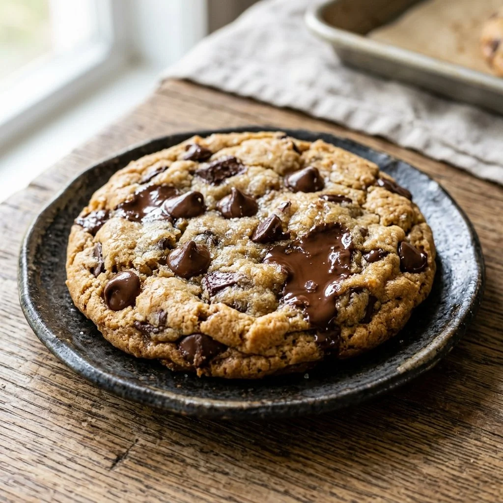 Freshly baked chocolate chip cookies stacked on a tray
