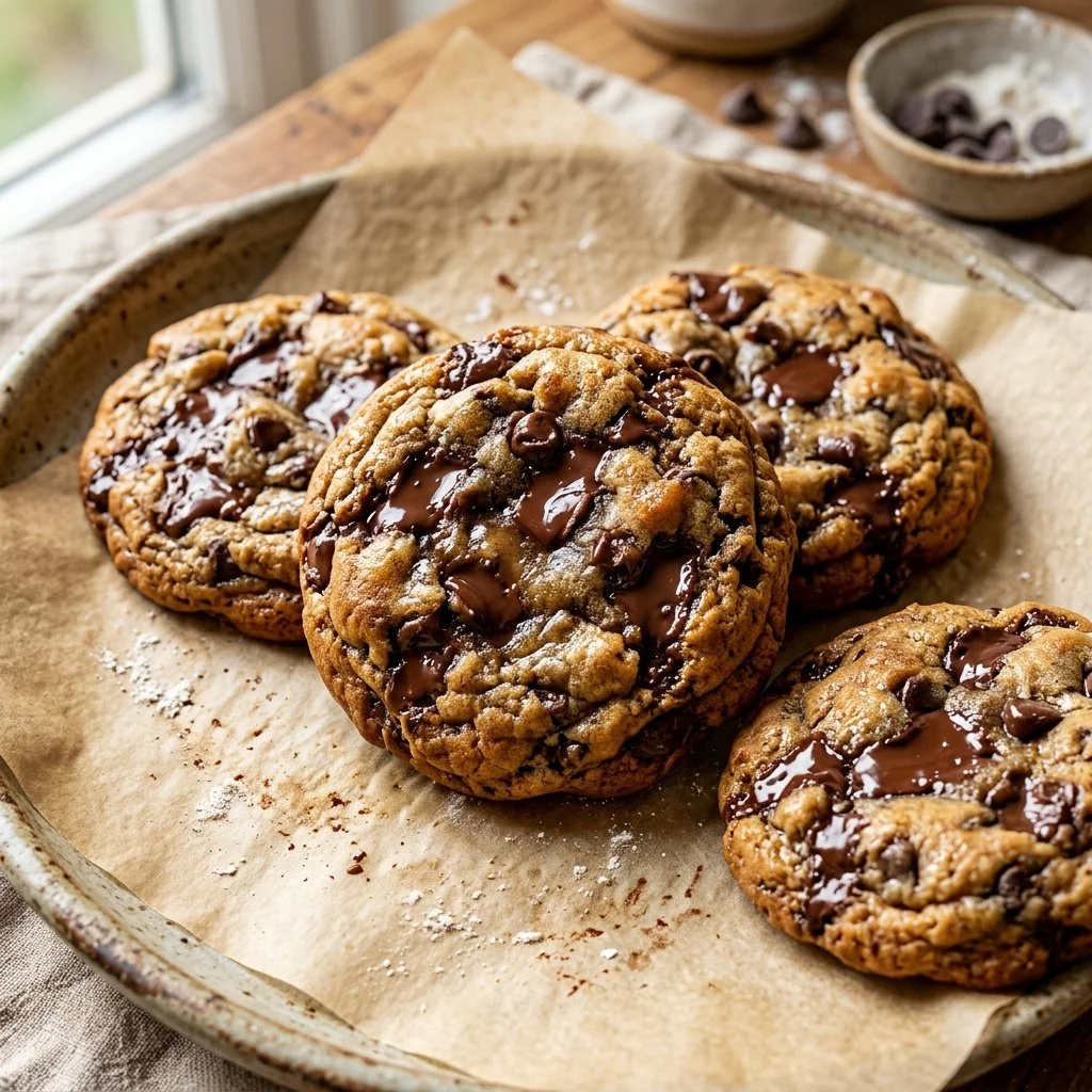 Freshly baked chocolate chip cookies on a cooling rack