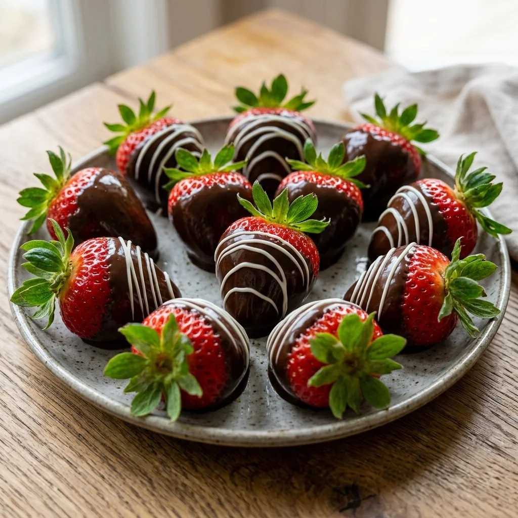 Delicious chocolate covered strawberries on a decorative plate