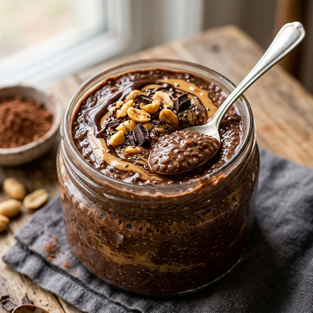 Delicious chocolate peanut butter chia pudding in a glass topped with nuts