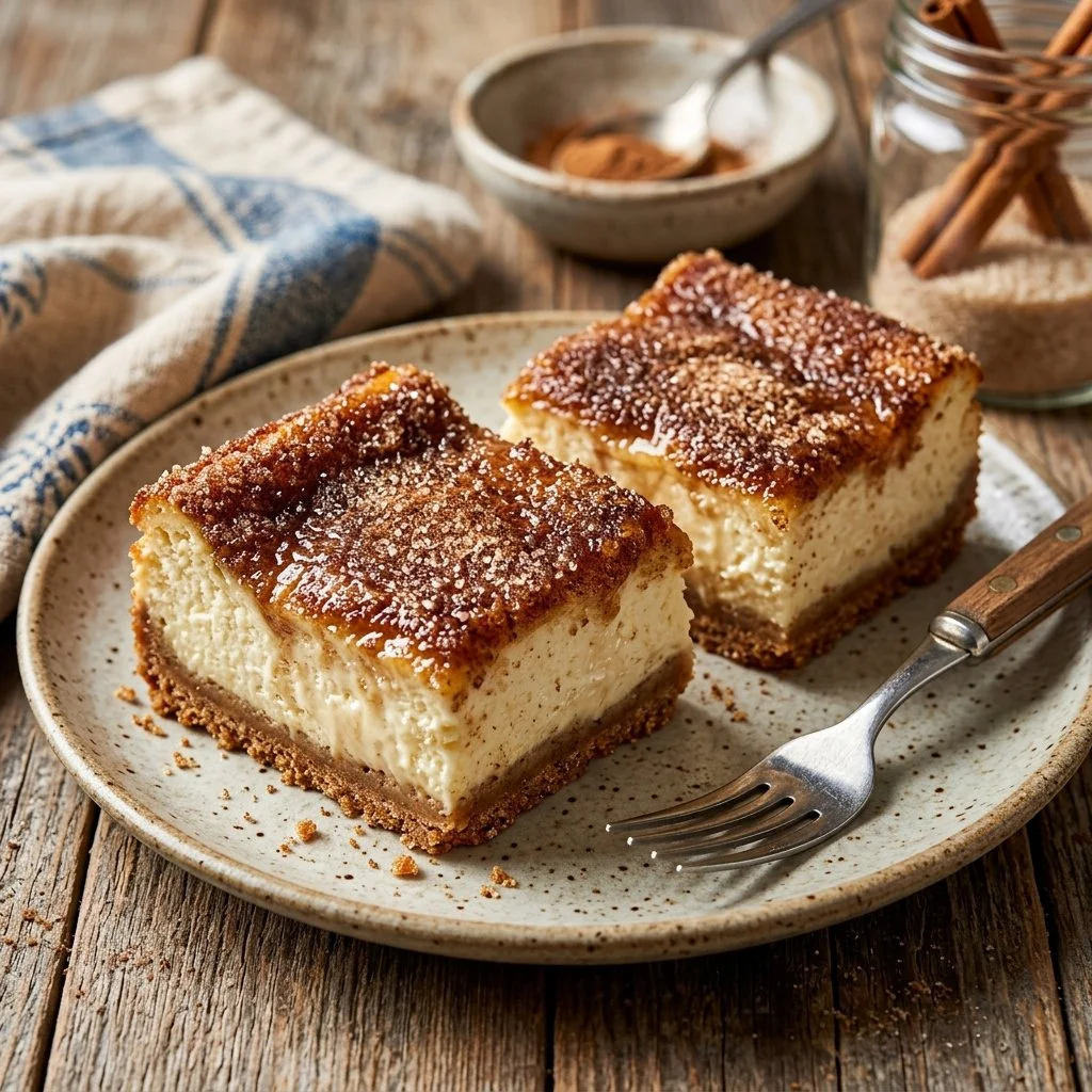 Churro cheesecake bars topped with cinnamon sugar and drizzled with caramel