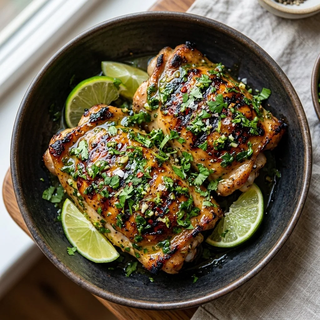 Delicious cilantro lime chicken served with fresh lime and cilantro garnish