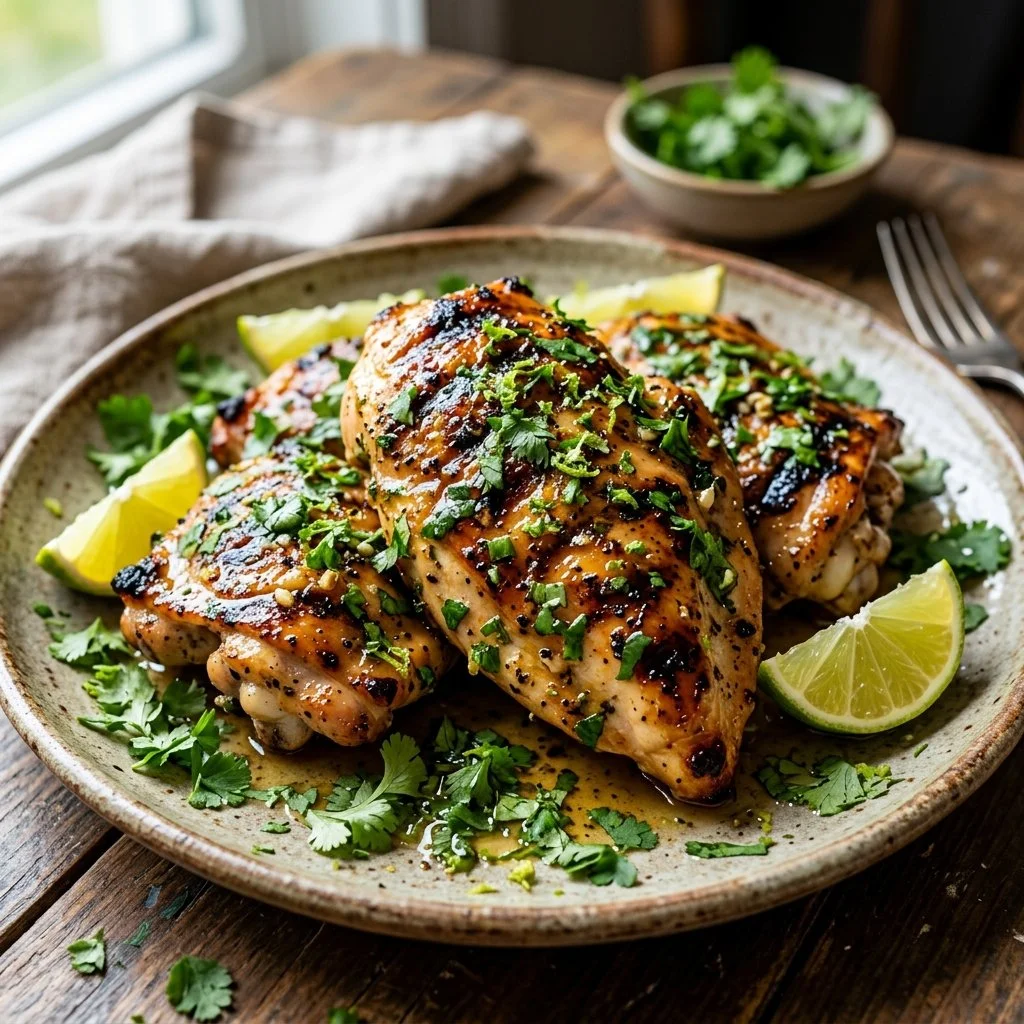 Delicious cilantro lime chicken garnished with fresh herbs and lime wedges.