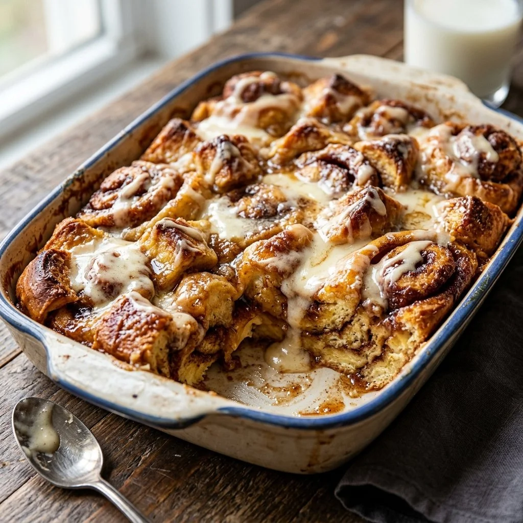 Cinnamon Roll French Toast Bake topped with icing and berries on a plate.